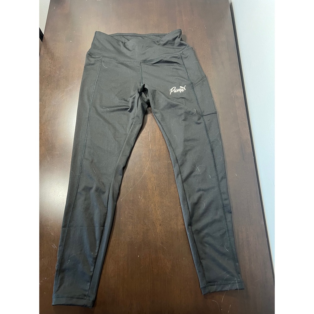 Puma Womens High Waisted Active Leggings Black Side Pocket Script Logo Size M